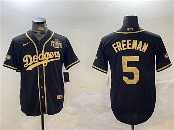 Los Angeles Dodgers #5 Freddie Freeman Black Gold 2024 World Series Patch And Champions Patch Cool Base Stitched Jersey